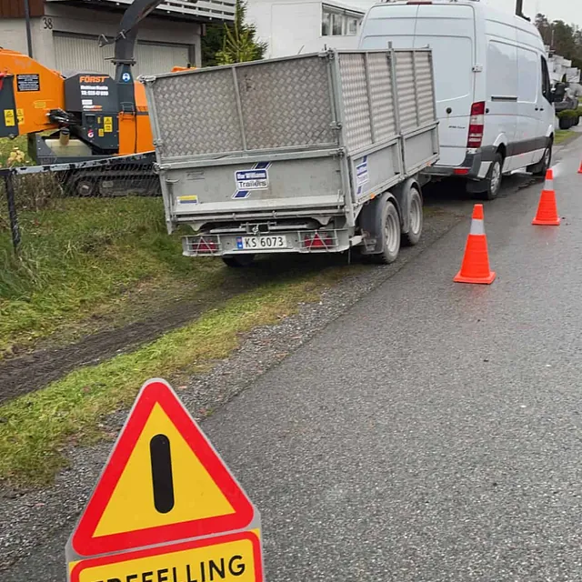 Varselskilt med "TREFELLING" og kjegler satt ut langs vei foran boligområde.