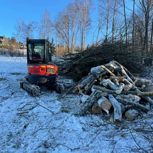 Minigraver og snødekt haug med tømmerstokker etter trefelling i vinterlandskap.